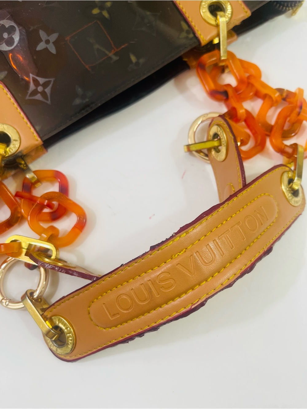 Brown Transparent Monogram Tote with Amber Chain Straps - Picture 4 of 16